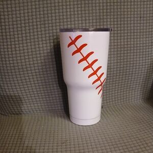 Baseball Themed 30 oz White Tumbler with Red Stitching Design (020326F)